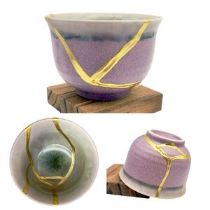 Kintsugi Cup Purple Glaze Pottery Chawan Gold Crack Art Personal Growth Gift